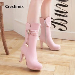 Cresfimix donna casual alta qualità 9cm tacco alto stivali autunnali lady carino comodo inverno stivali al polpaccio botas femininas a2299