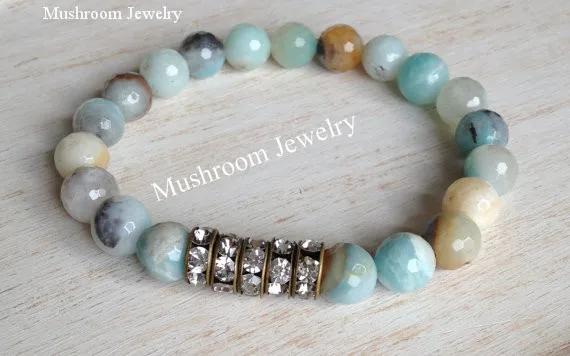 Amazonite Stone Beaded Bohemian Stretch Bracelet,Pave Rhinestone Beads Amazonite Stretch Bracelet