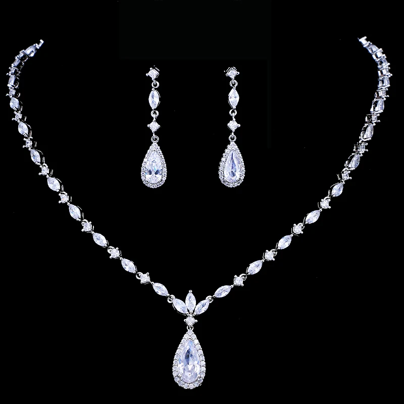 Emmaya Brand Luxury Sparkling Cubic Zirconia Crystal Zircon Flower Necklace and Earring Wedding Bridal Jewelry Sets