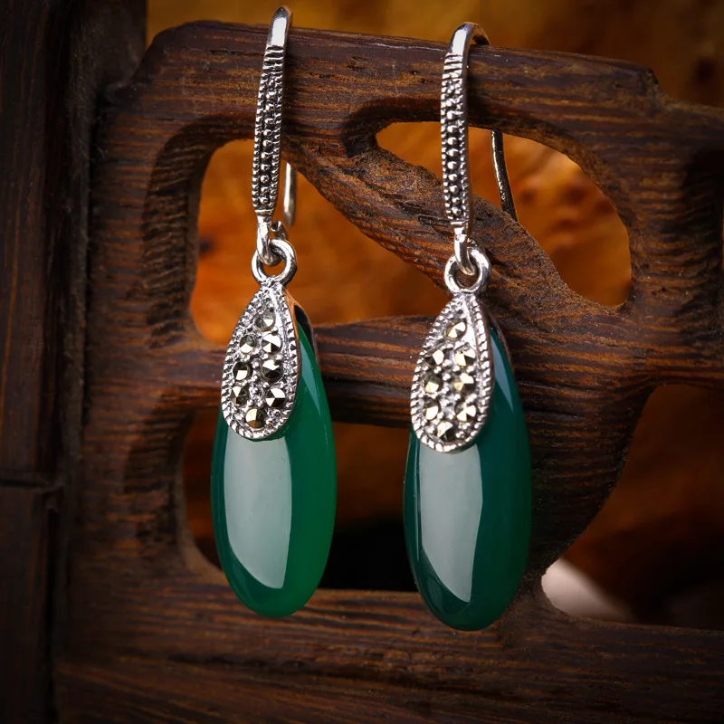 

KJJEAXCMY Fine Jewelry S925 Sterling Silver Inlaid Green Agate Lady Earrings Gift Birthday Party Wedding Engagement Christmas N