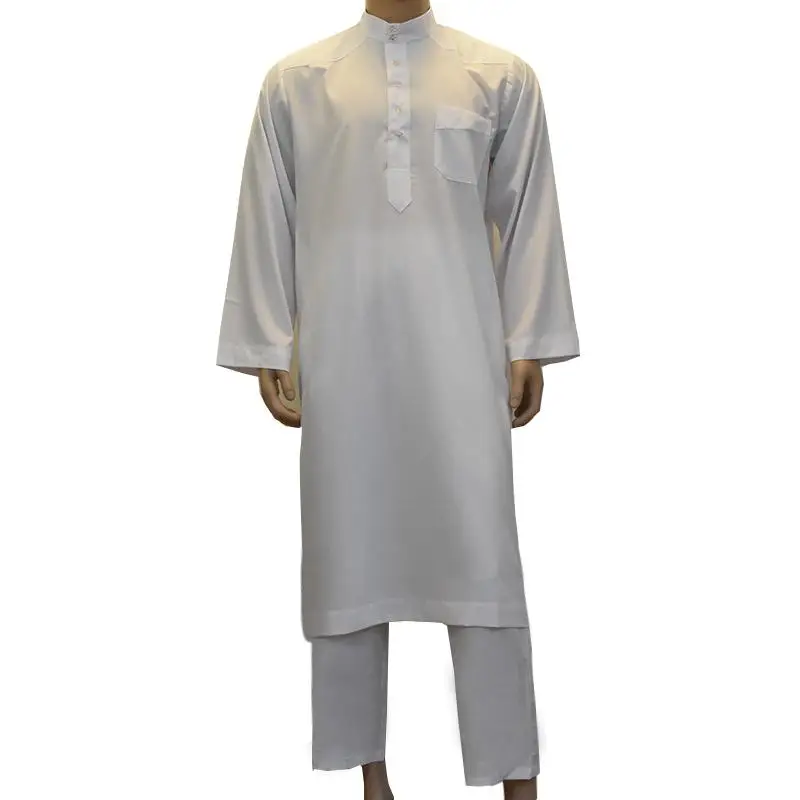 2PCS Islamic Saudi Mens Abaya Muslim Clothing Arabic Robe+Pant Dubai Thobe Kaftan Dress Dishdasha Thoub Jubba Stand Collar Suit