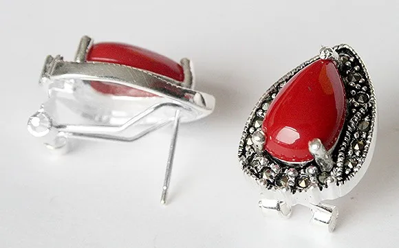 VINTAGE 925 STERLING  RED CORAL MARCASITE EARRINGS 15X19MM natural gem/stone/coral/opal Marcasite Factory wholesale price