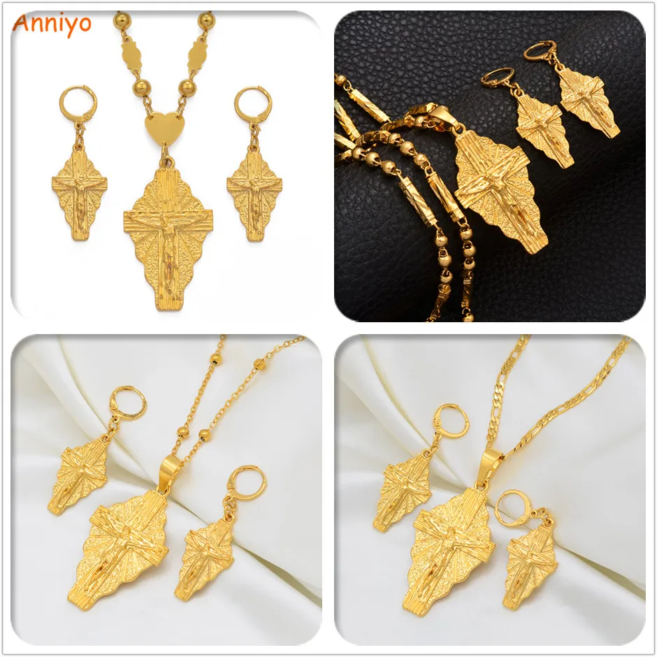 Anniyo Hawaii Jesus Jewelry Set Cross Pendant Necklaces Earrings Women Girls Gold Color Guam Micronesia Chuuk Pohnpei #212306