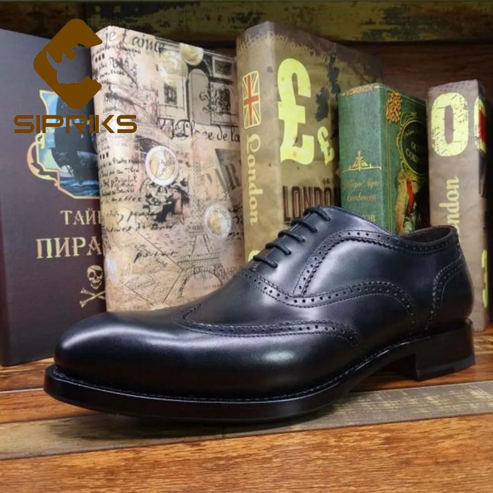 Sipriks Luxury Classic Mens Goodyear Welted Shoes Leather Outsole Brogue Oxofrds Imported Italy Calf Leather Wingtip Dress Shoes