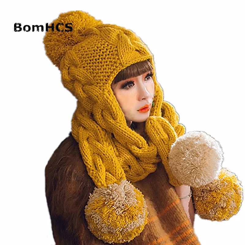 

BomHCS Beautiful Women's Winter Warm Beanie with Scarf & Gloves Suit 100% Handmade Knitted Hat Neckerchief Mittens