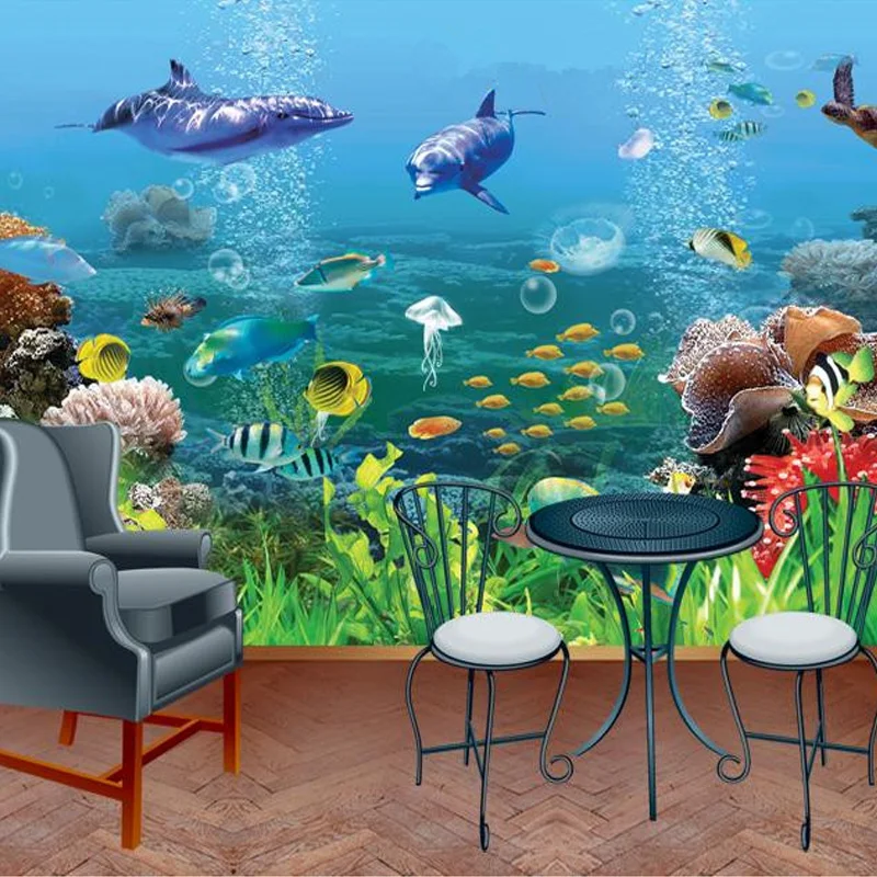 Custom Size 3D Stereo Wall Mural Wallpapers Underwater World Landscape Kid's Bedding Room Background Wall 3D Papier Peint Enfant