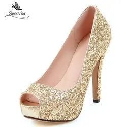 Sgesvier Sexy Super Thin High Heel Glitter Peep Toe Women Pumps Ladies Prom Bling Platform Shoes Elegant Autumn Single Shoe B429