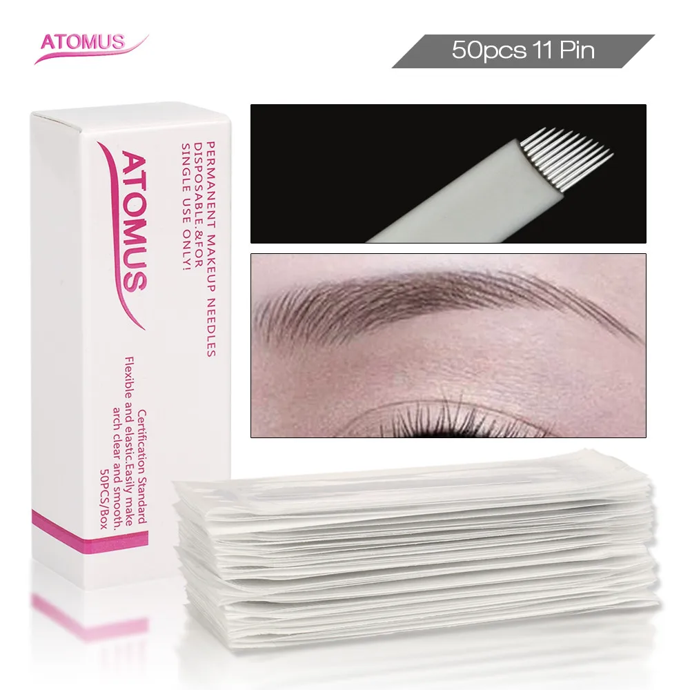 

50pcs 11 pins Permanent Makeup Eyebrow Tebore Agulha Microblading Laminas Microblading Blade 3D Embroidery Manual Tattoo Pen