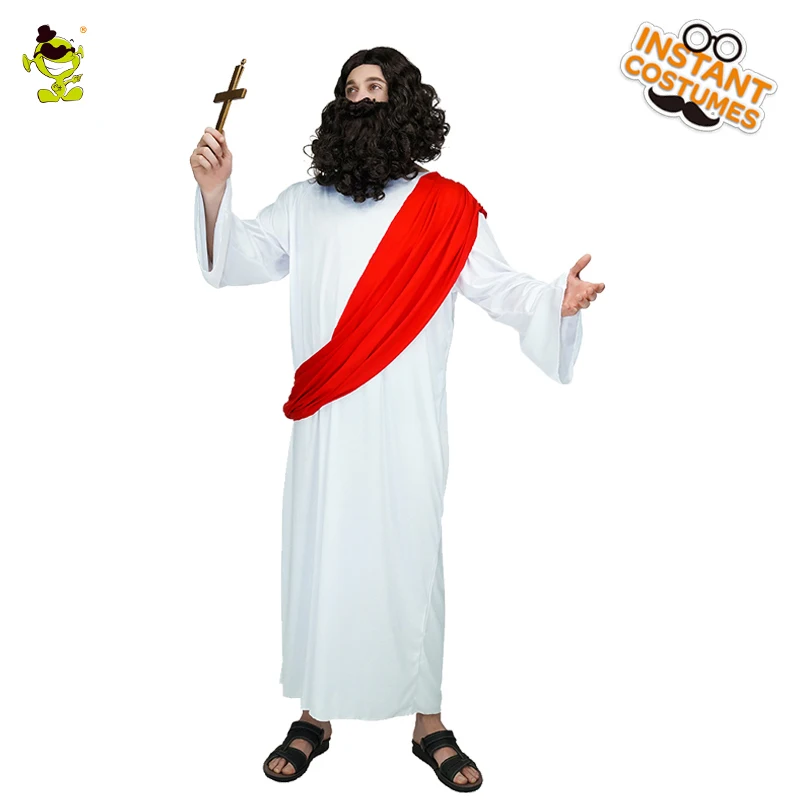 Men\'s Jesus Costume with Red Sash Purim Cosplay Party Adult Fancy Dress Up Halloween Role Play Jesus Outfits for Male