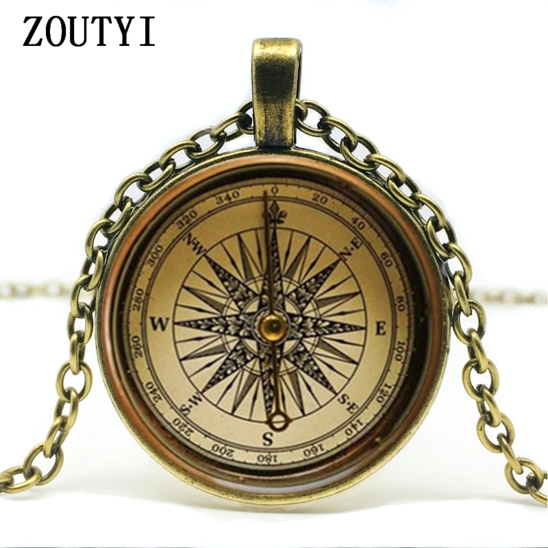 2018/Steam Punk Compass Round Pendant Art Compass Necklace Glass Dome Bronze Chain Necklace