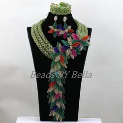 Luxury Nigerian Wedding Beads Green Crystal Handmade Bridal Flowers African Bridal Jewelry Sets Necklace Free Shipping ABK617