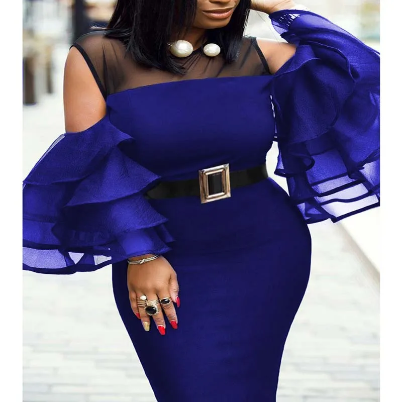 Africa Clothing Plus Size Mesh Ruffles Sleeve Dress Women Sexy O-Neck Perspective Slim Dress Office Lady Party S-6XL