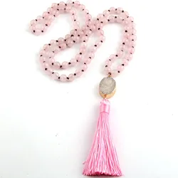 Fashion Bohemian Tribal Jewelry Pink Stones Beads Knotted Cross Necklace For Women