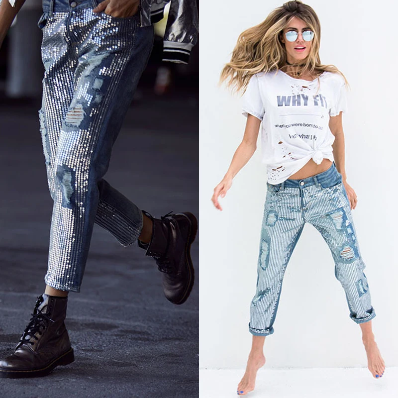 High Waist Ripped Jeans Women Hipster Straight Leg Pants Sequin Denim Trousers Street Stylish Harajuku Boyfriend Chic Outfits