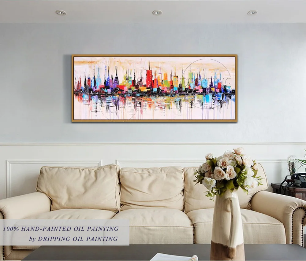 Top Artist Team Hand-painted Abstract New York Skyscrapers Oil Painting on Canvas Rich Colors Abstract Knife Oil Painting