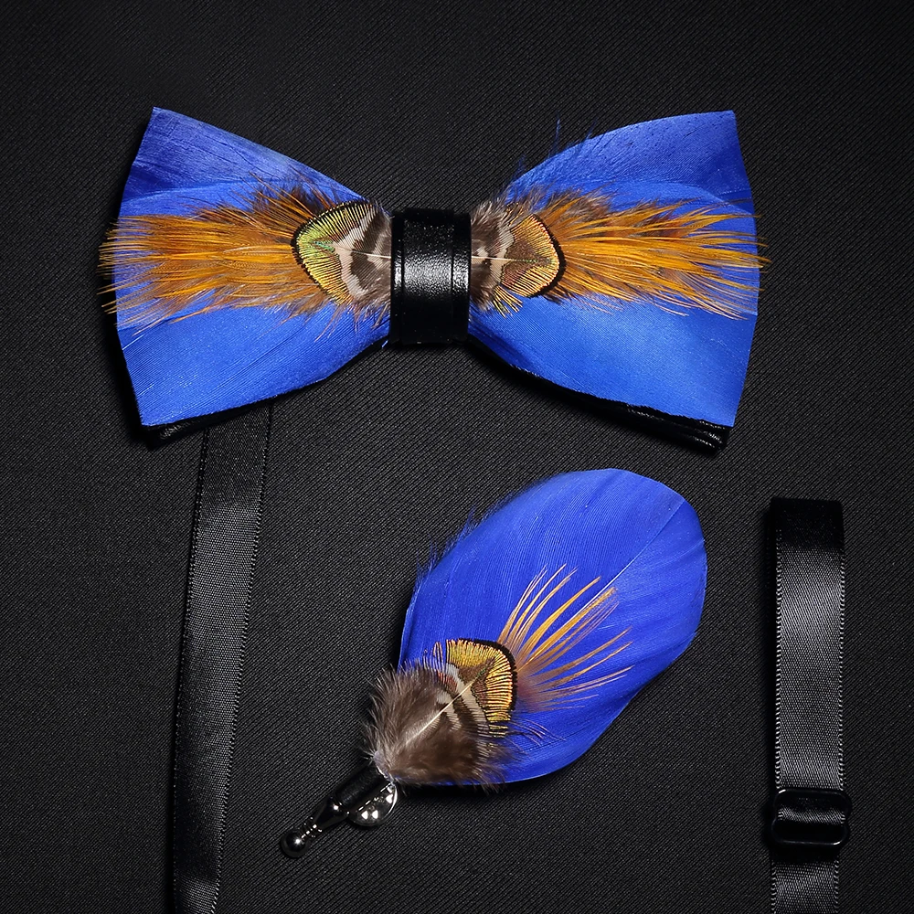 JEMYGINS original solid color feather bow tie brooch set Man Wedding Gift Fashion Handmade Leather Bow Ties Pin Gift Box Set