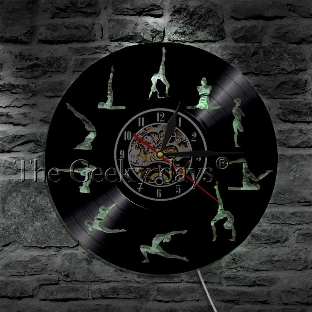 Zen Meditation Yoga Gymnastics Vinyl Record Wall Clock With LED Backlight Fitness Sport Keep Fit Silhouette Wall Lamp