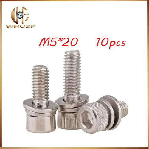 10pcs M5 20mm M5*20mm 304 Stainless Steel Hex Bolt Hexagon Socket Lock Washer Sems Assembly Screw combination m5 bolts,m5 nails