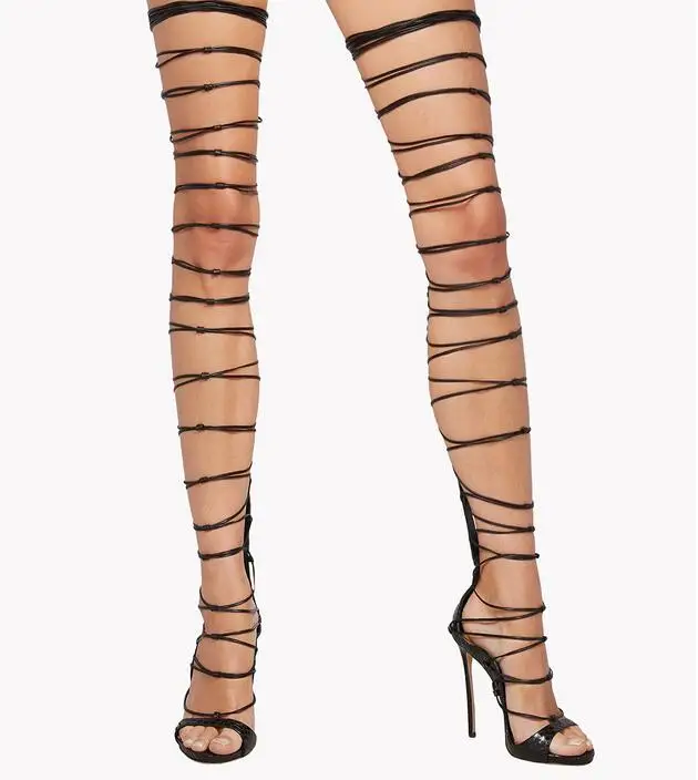Narrow Band Over The Knee Boots Snake Leather Cut-out Strappy Gladiator Sandals Boots Peep Toe Thin Heels Dress Shoes Women