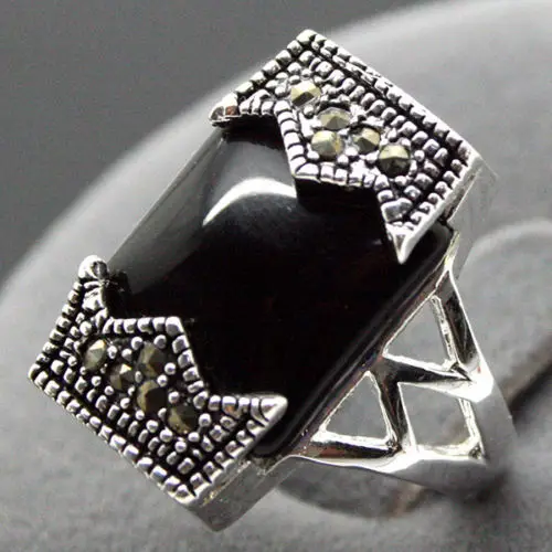 

24*13mm 925 SILVER BELT NATURAL OBLONG BLACK Natural jade MARCASITE RING SIZE 7/8/9/10