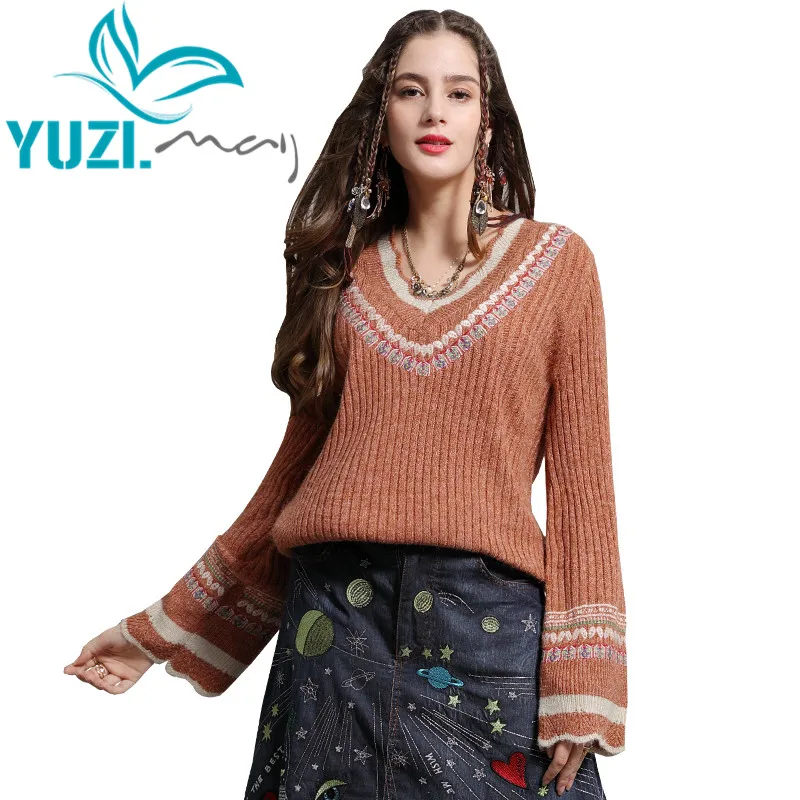 

Sweater Female 2018 Yuzi.may Boho New Cotton Wool Pullover Women V-Neck Flare Sleeve Yellow Sweater For Women B9268 Pullovers