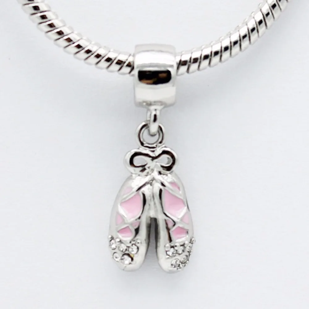 slide charm White crystal pink ballet shoes pendant charm beads  fit Pandora bracelet