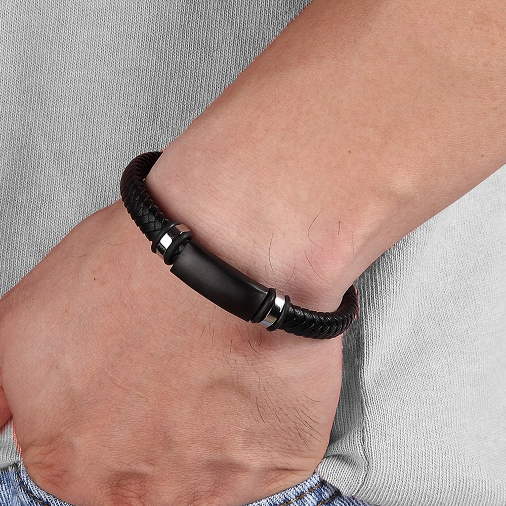 XQNI Neue Luxus Edelstahl Zubehör Echtem Leder Kombination 3 Farben Männer Armbänder Gewebt Armband Für Männer Geburtstag