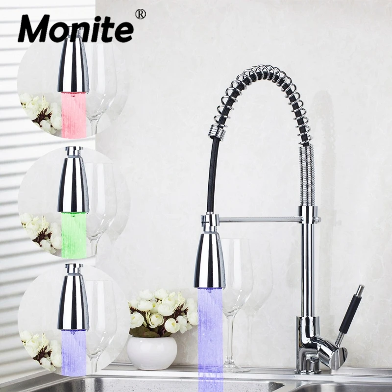 

LED Colors Chrome Polished Spring Pull Out Down Swivel Kitchen Vessel Basin Sink Mixer Tap Deck Mounted Kitchen Faucet