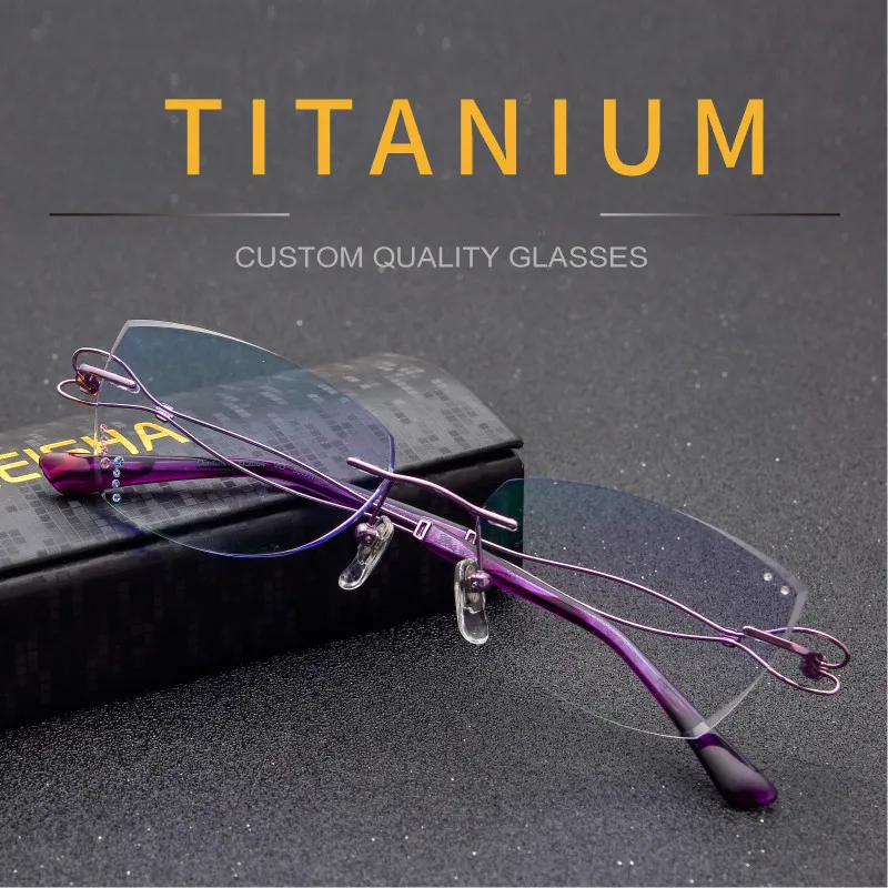 Titanium Eyeglasses Women Rimless Prescription Reading Myopia Progressive Glasses Cat Eye Desgined Spectacle 82064