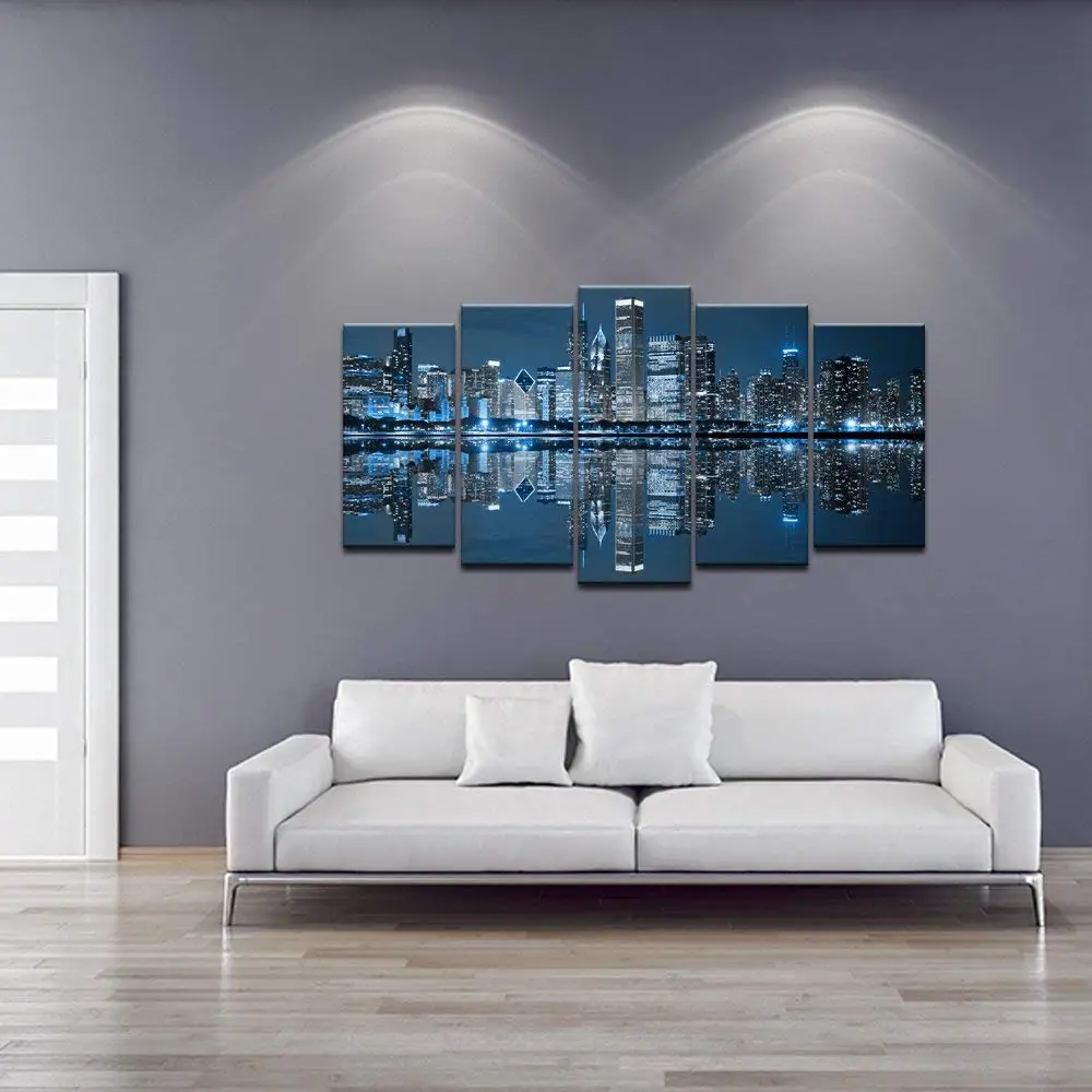 Canvas Painting Art Decor- Chicago Downtown at Night 5 Pieces Art Modular Wallpapers Poster Print for living room Home Decor