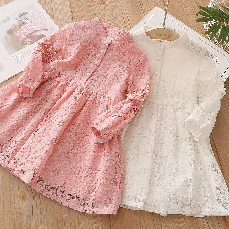 2025 Spring Autumn 3 4 6 8 10 to 12 Years Child England Style Princess Pearl Lace Knee Length Kids Baby Girl Long Sleeve Dress