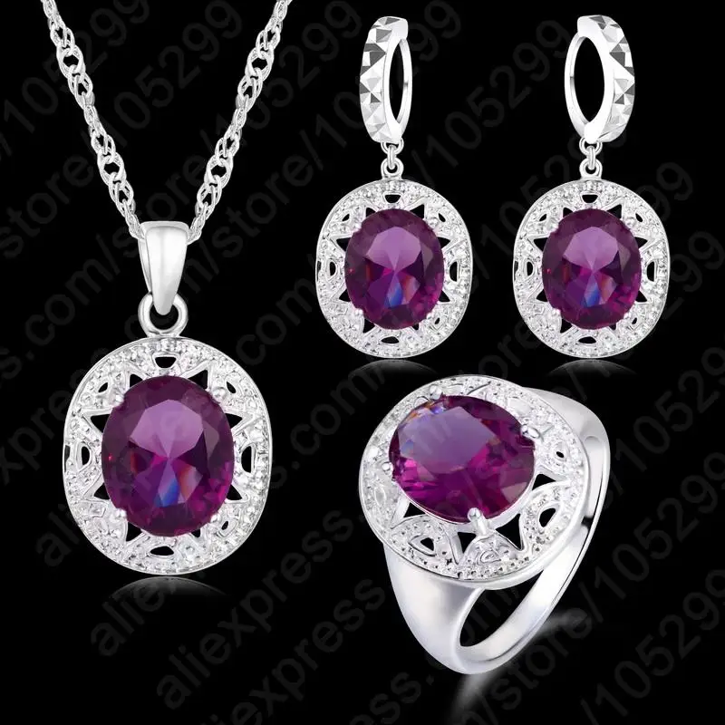 Fine Purple Cubic Zircon Pendant Necklace Earrings Ring Set Classic 925 Sterling Silver Color Jewelry Sets Party Jewelry Gift