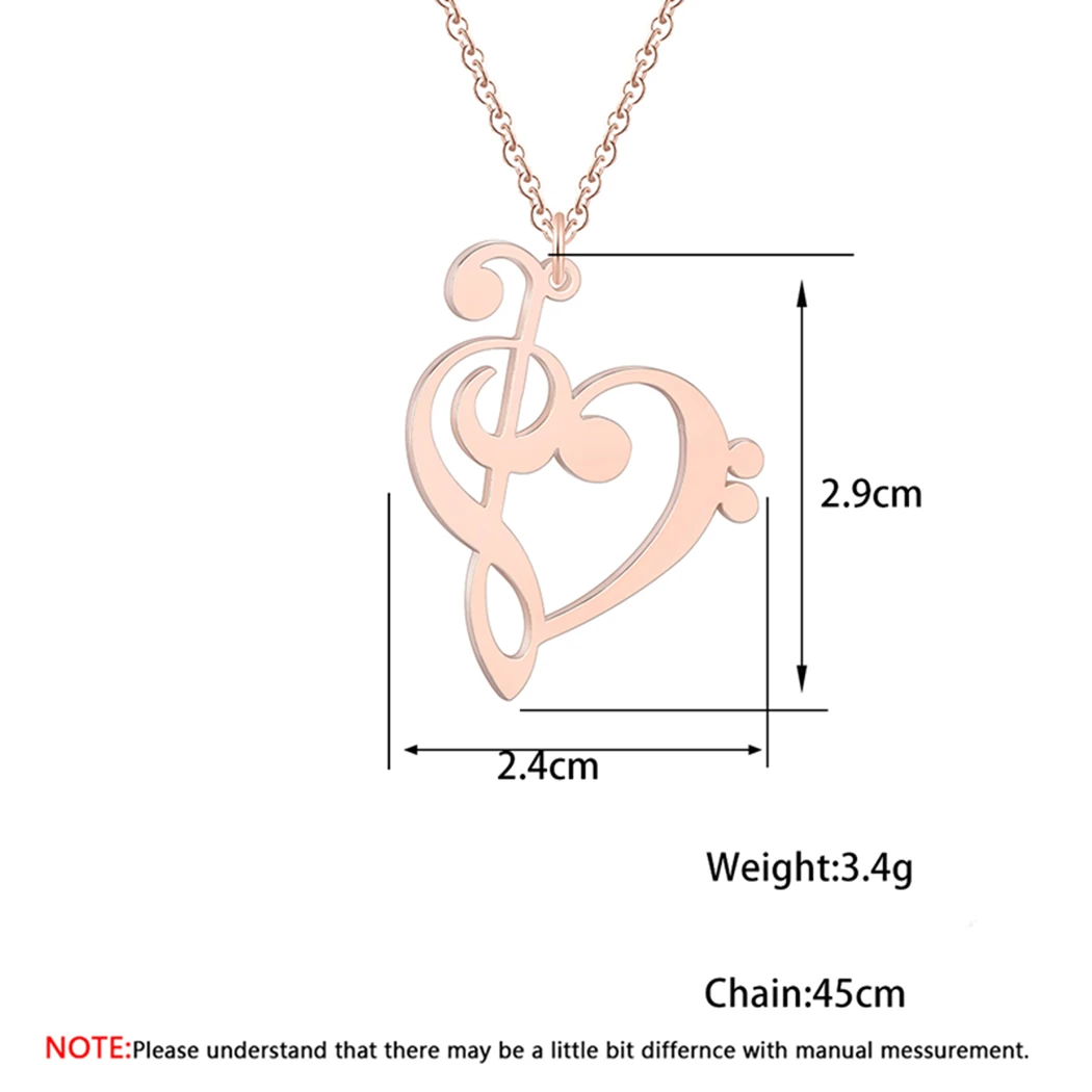 Kinitial Simple Design Treble and Bass Clef Heart Pendant Necklace Chain for Gift Charm Heart Music Teacher Necklaces Jewelry