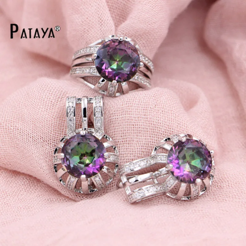 

PATAYA Rainbow Mystic Jewelry Sets True White Gold Color Natural Zirconia Ring Big Earrings Sets Women Accessories Jewelry Sets