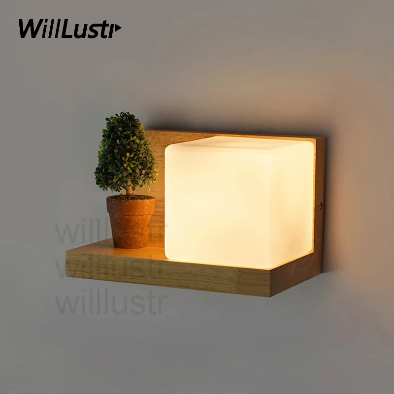 Willlustr Cubi Wall sconce glass Lamp hotel restaurant doorway porch vanity lighting novelty wood shelf cubic Modern light