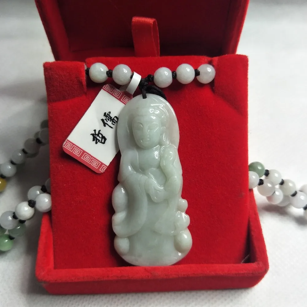 Zhe Ru Jewelry Pure Natural Jadeite Light Green Stereo Guanyin Pendant Tricolor Jade Bead Necklace Send A Certificate