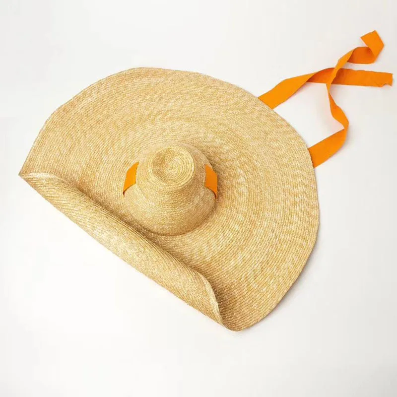 Women Natural Woven Giant Straw Hat Big Brim Floppy Sun Hat High Top Ribbon Band Giant Jumbo Sombrero Hat Adult Summer Beach Hat