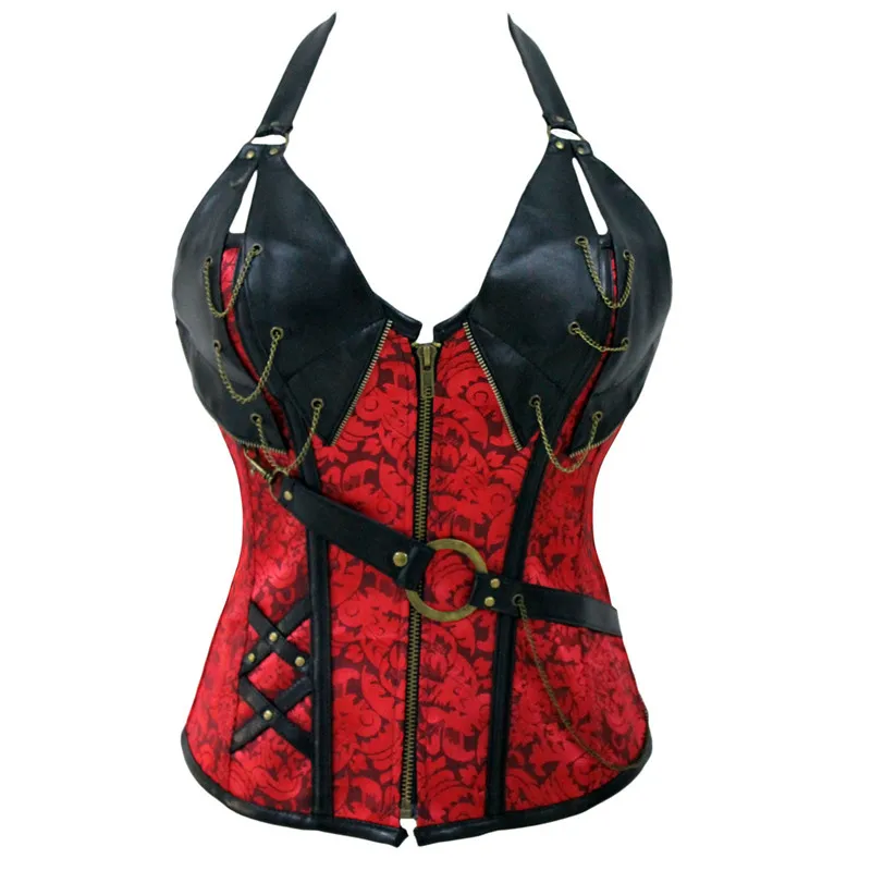 

Sexy Red Mature Corset Steampunk Gothic Clothing Leather Patchwork Woman's Corsets Underbust Zipper Steel Bone Waist Corset Top