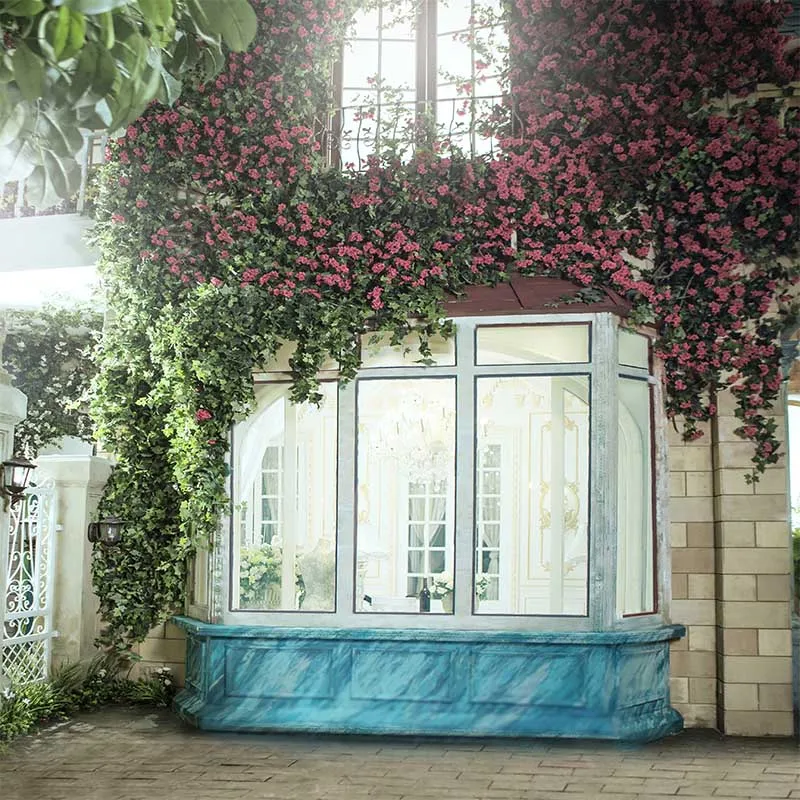 

Retro Vintage Back Drop for Wedding Photography Printed Red Roses Green Vines Courtyard Party Photo Booth Background Brick Floor