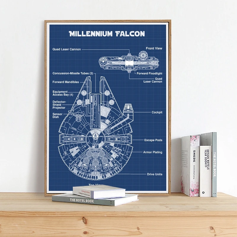 Schematic Diagram Art Poster Space Wars Canvas Prints Millennium Falcon Blueprint Canvas Painting Boys Room Sci-Fi Wall Decor