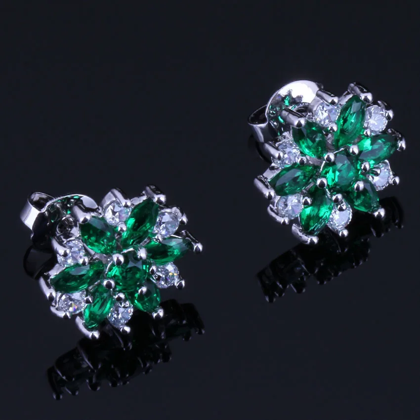 Valuable Flower Green Cubic Zirconia White CZ Silver Plated Stud Earrings V0385