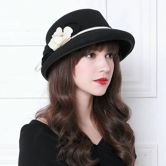 Fashion Camellia Black Woolen Bucket Hats For Women Chapeu Feminino White Floral Formal Felt Fedoras WMDW029