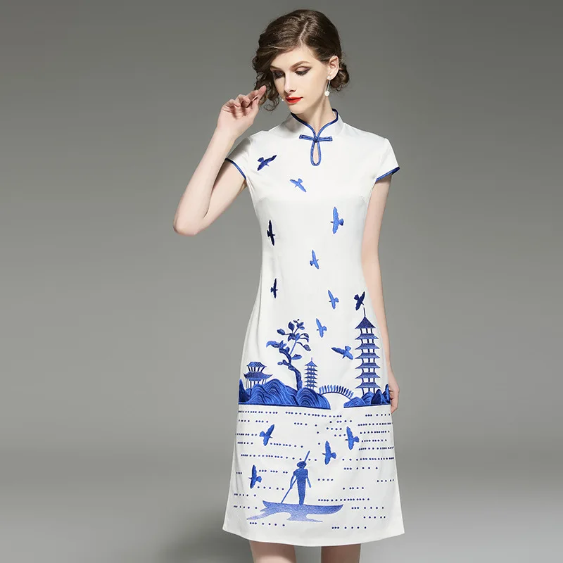 

Summer Cheongsam Vintage Chinese Women Elegant Dress Silk White Embroidery Slim Knee-Length Qipao Evening Vestidos Cheongsam