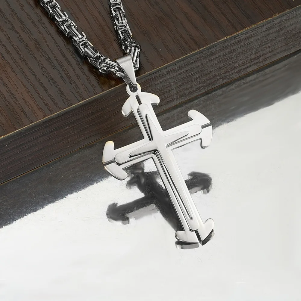 Fashion Cross Necklace For Men Women Silver Color Stainless Steel Byzantine Catholic Crucifix Pendant Chain Gift