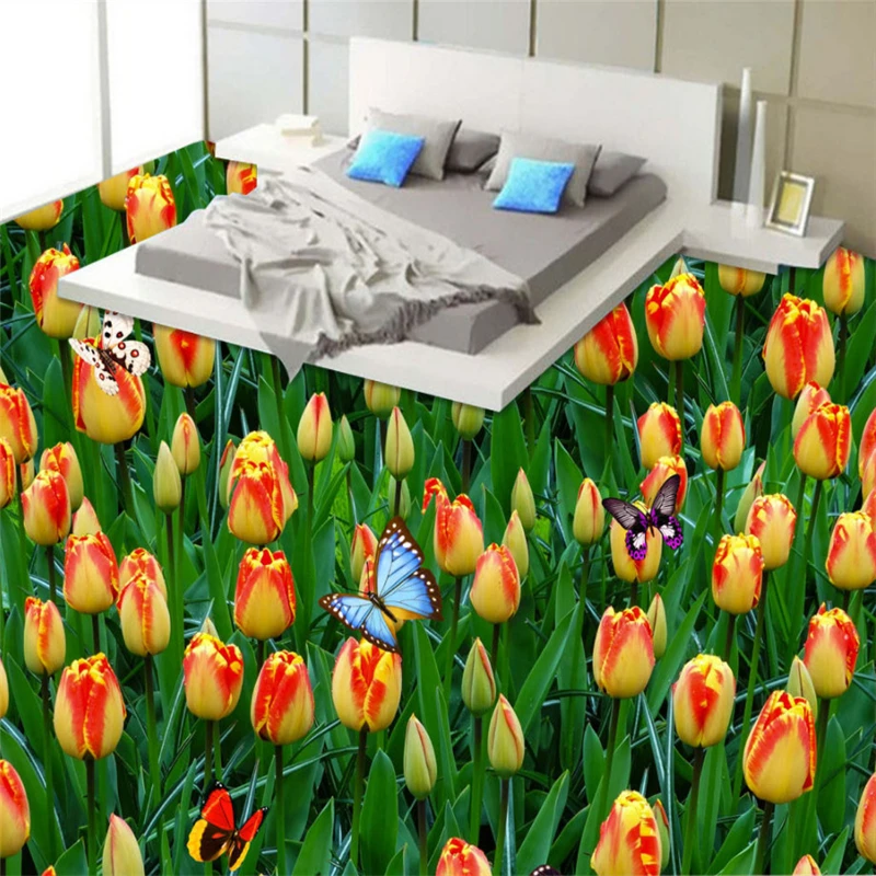 

non-slip waterproof self-adhesive bedroom Tulip flower 3D floor tiles Custom home bathroom decorative wallpaper