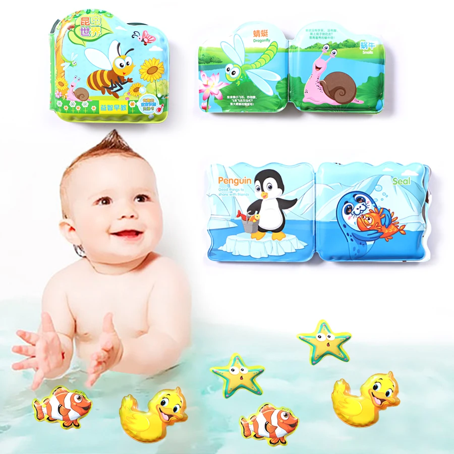 Juguete de baño para bebés, Mini juguetes de 6 piezas para niños, aprendizaje temprano, libros impermeables de animales e insectos, juguetes