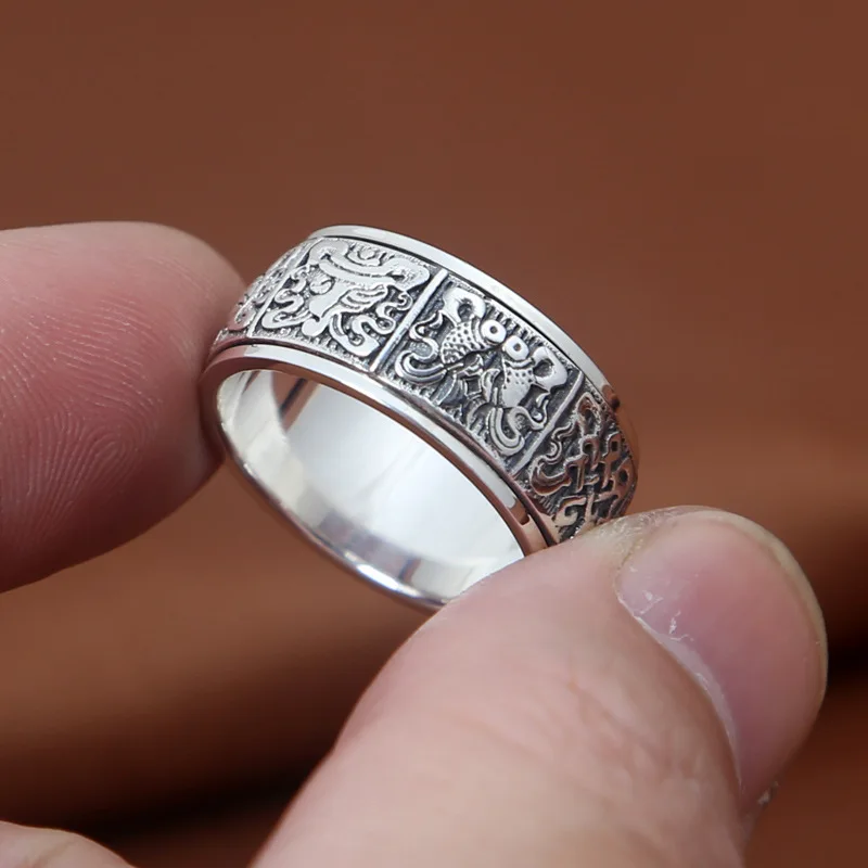 

S925 real silver ring for men and women Buddhist eight treasures auspicious Thai silver personality can turn men and women rings