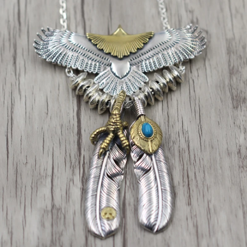 النمط الهندي الفضة النسر ريشة قلادة قلادة جدا الزاوية سلسلة العصرية تي شيرت سترة سلسلة 925 الفضة النقية الفيروز