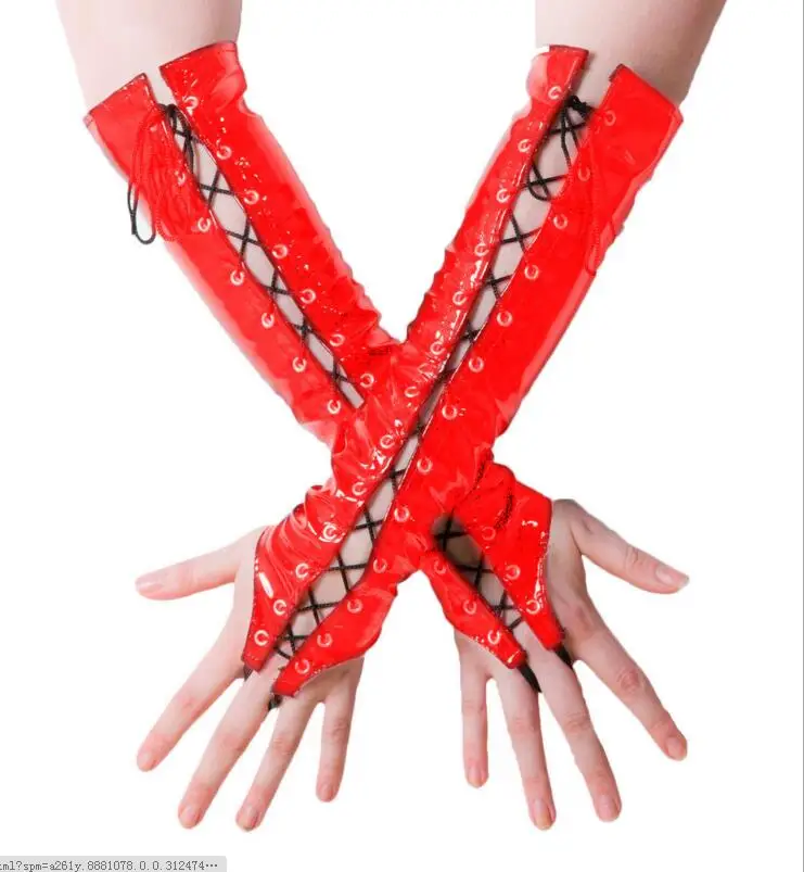 Sexy Long Black Red PVC Women Hanging Gloves Ladies Faux Leather Lacing Gloves Night Club DS Sexy Cosplay Costumes