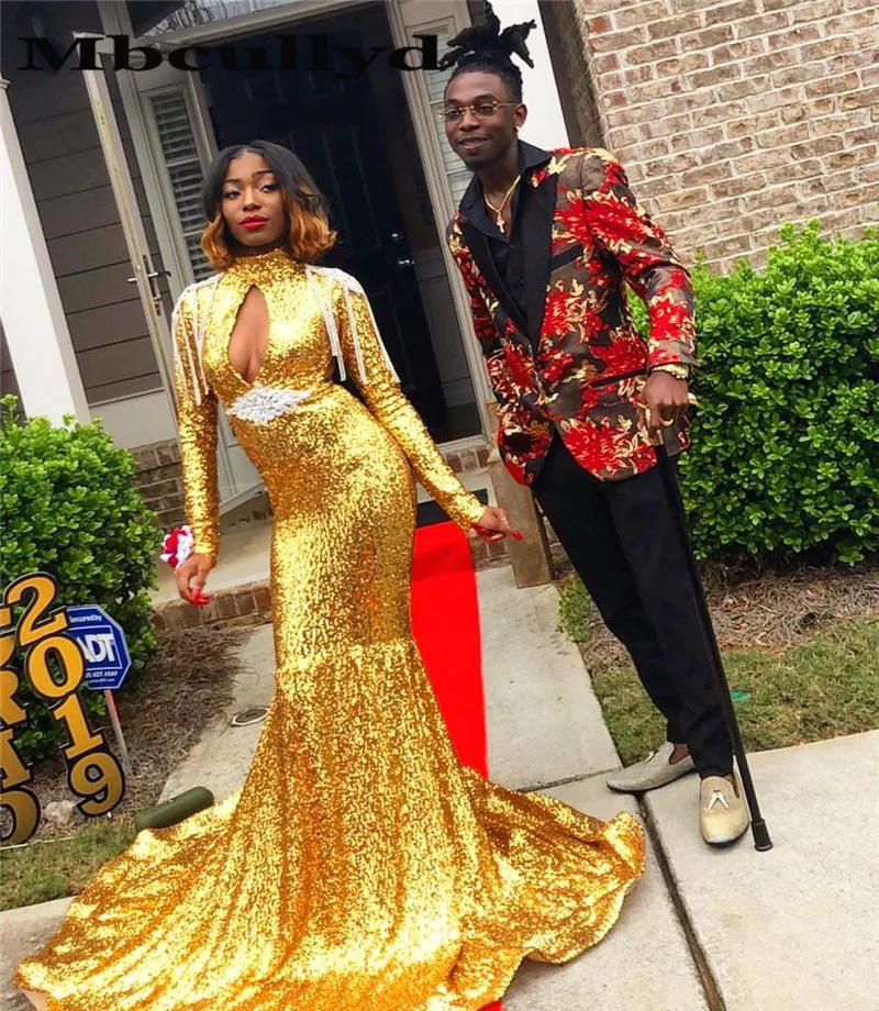 Mbcullyd African Mermaid Gold Sequins Black Girls Prom Dresses 2023 Halter Neck Long Sleeves Reflective Dress Evening Gala Gowns